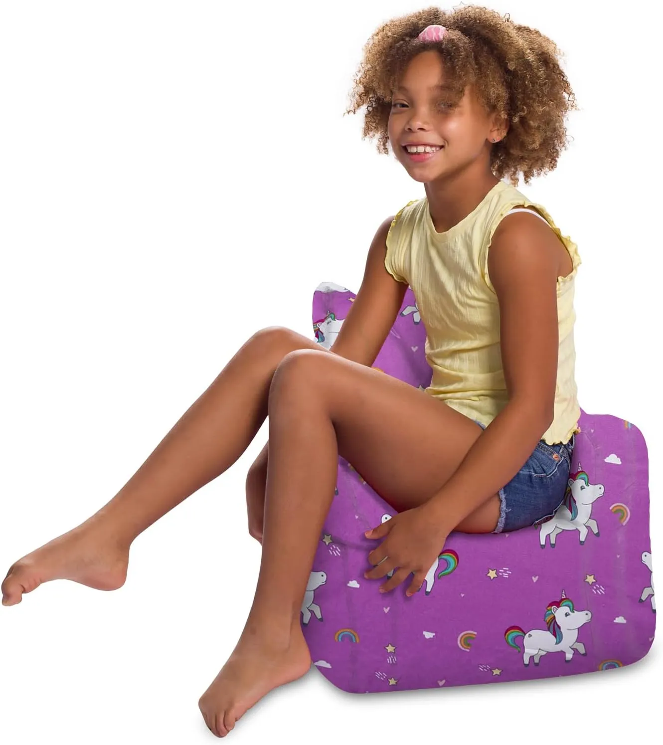 Posh Creations Bean Bag Chair Structured Seat for Toddlers and Kids, Comfy Chair for Gaming, Reading, and Watching TV for Children, Pasadena Chair, Canvas - Unicorn Rainbows on Purple