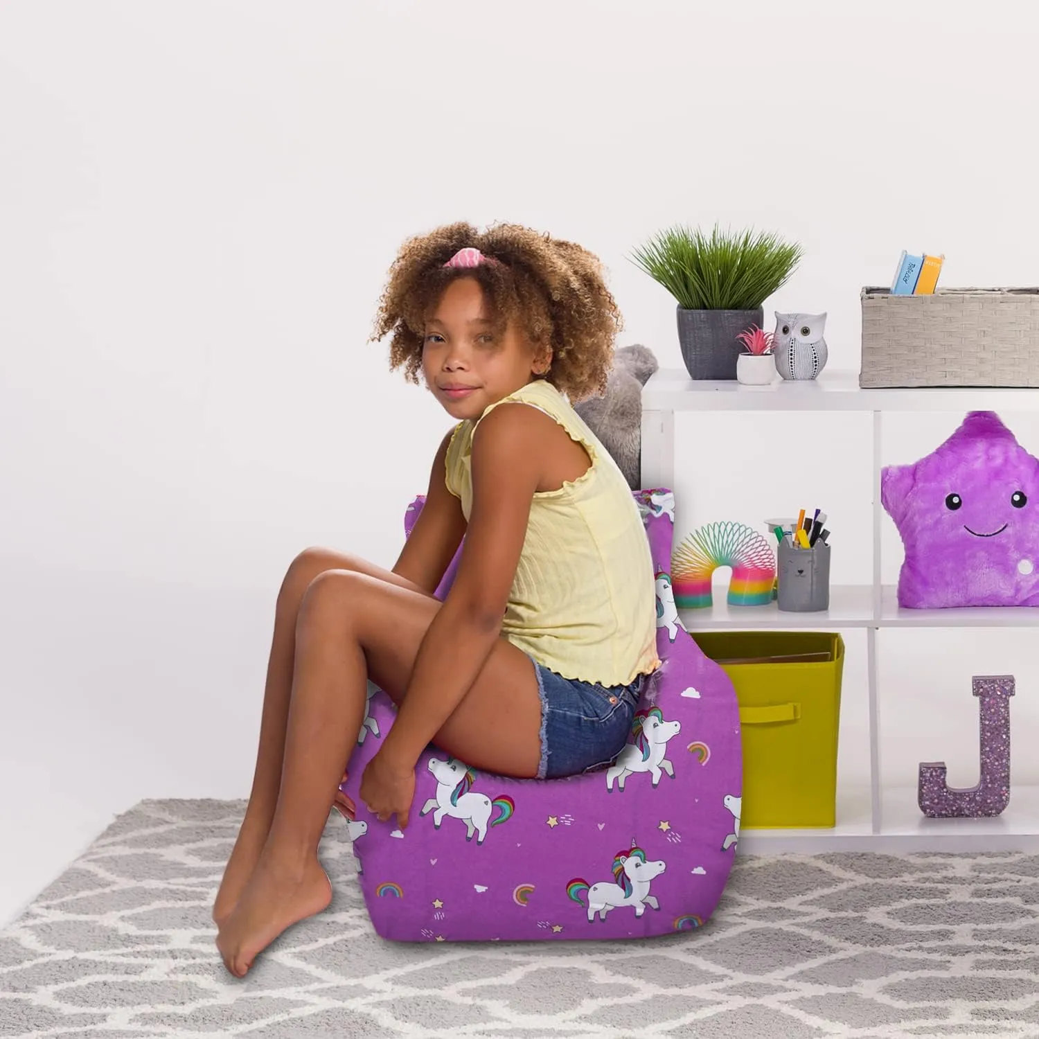 Posh Creations Bean Bag Chair Structured Seat for Toddlers and Kids, Comfy Chair for Gaming, Reading, and Watching TV for Children, Pasadena Chair, Canvas - Unicorn Rainbows on Purple