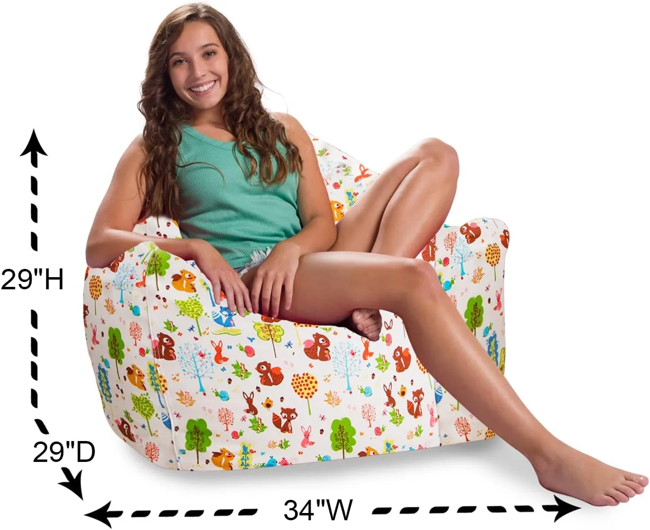 Posh Creations Structured Comfy Bean Bag Chair for Gaming, Reading, and Watching TV, Malibu Lounge, Canvas - Forest Critters on White