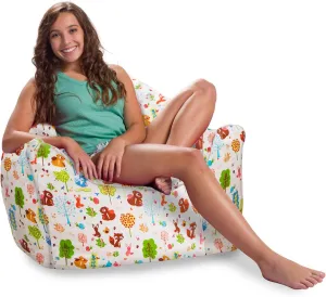 Posh Creations Structured Comfy Bean Bag Chair for Gaming, Reading, and Watching TV, Malibu Lounge, Canvas - Forest Critters on White