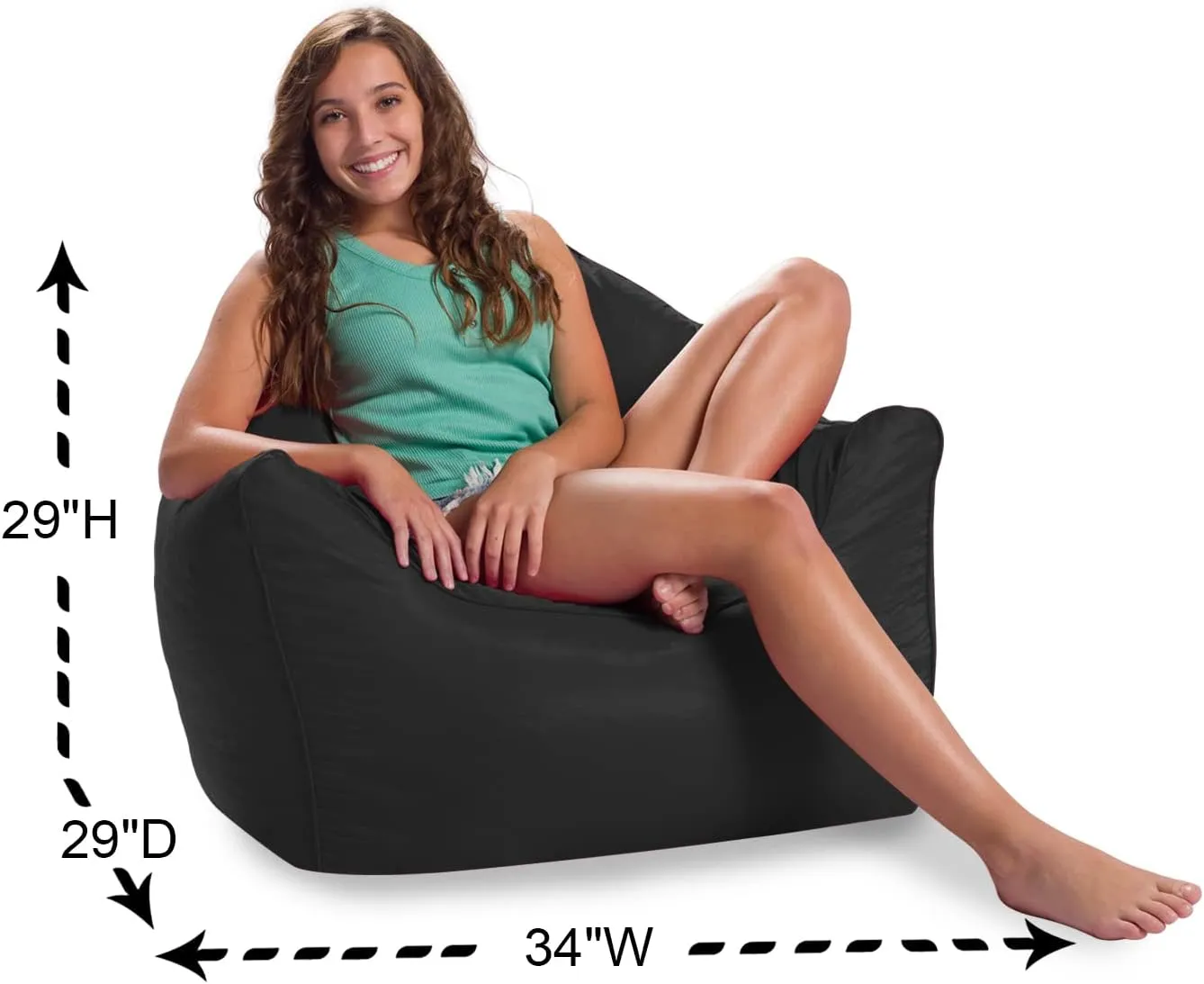 Posh Creations Structured Comfy Bean Bag Chair for Gaming, Reading, and Watching TV, Malibu Lounge, Soft Nylon-Black