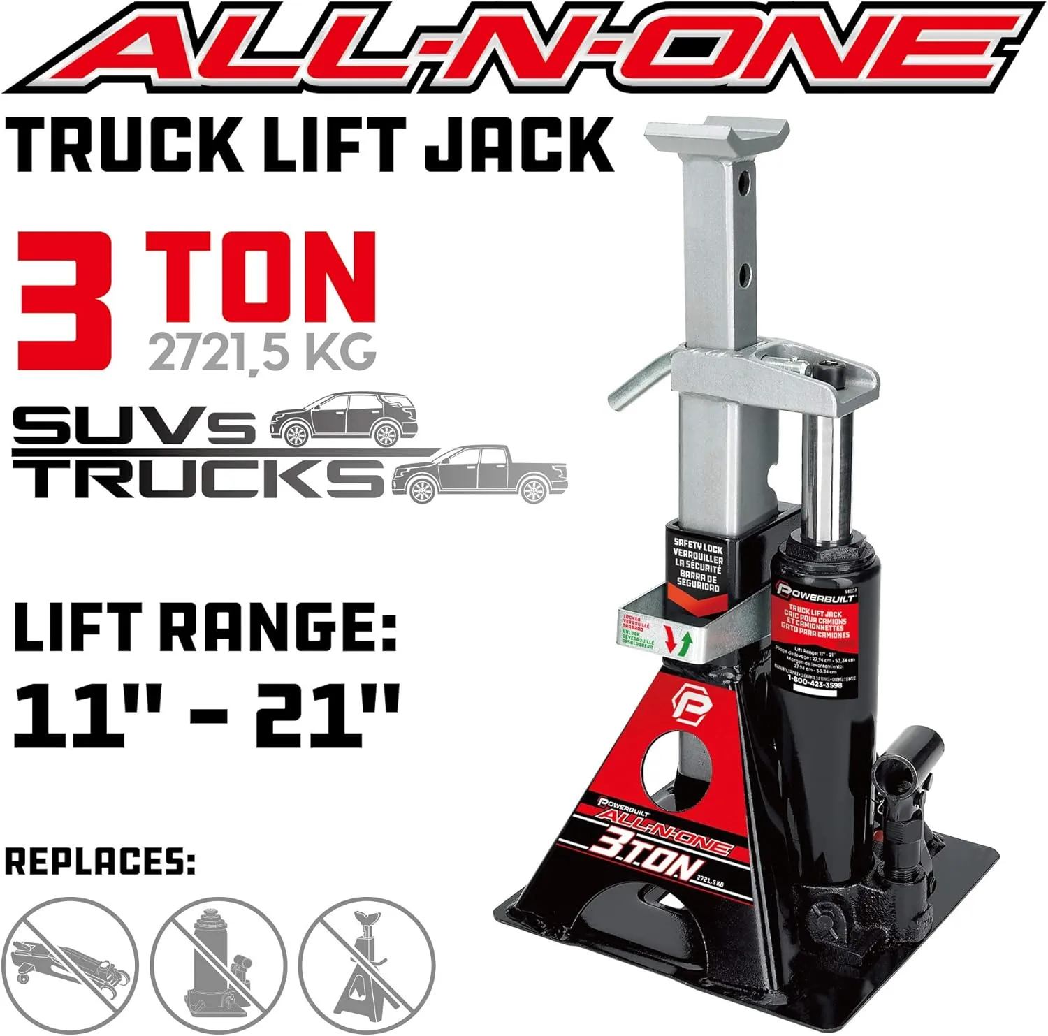 Powerbuilt 3 Ton, Bottle Jack and Jack Stands in One, 6000 Pound All-in-One Car Lift, Heavy Duty Vehicle Unijack, 640912