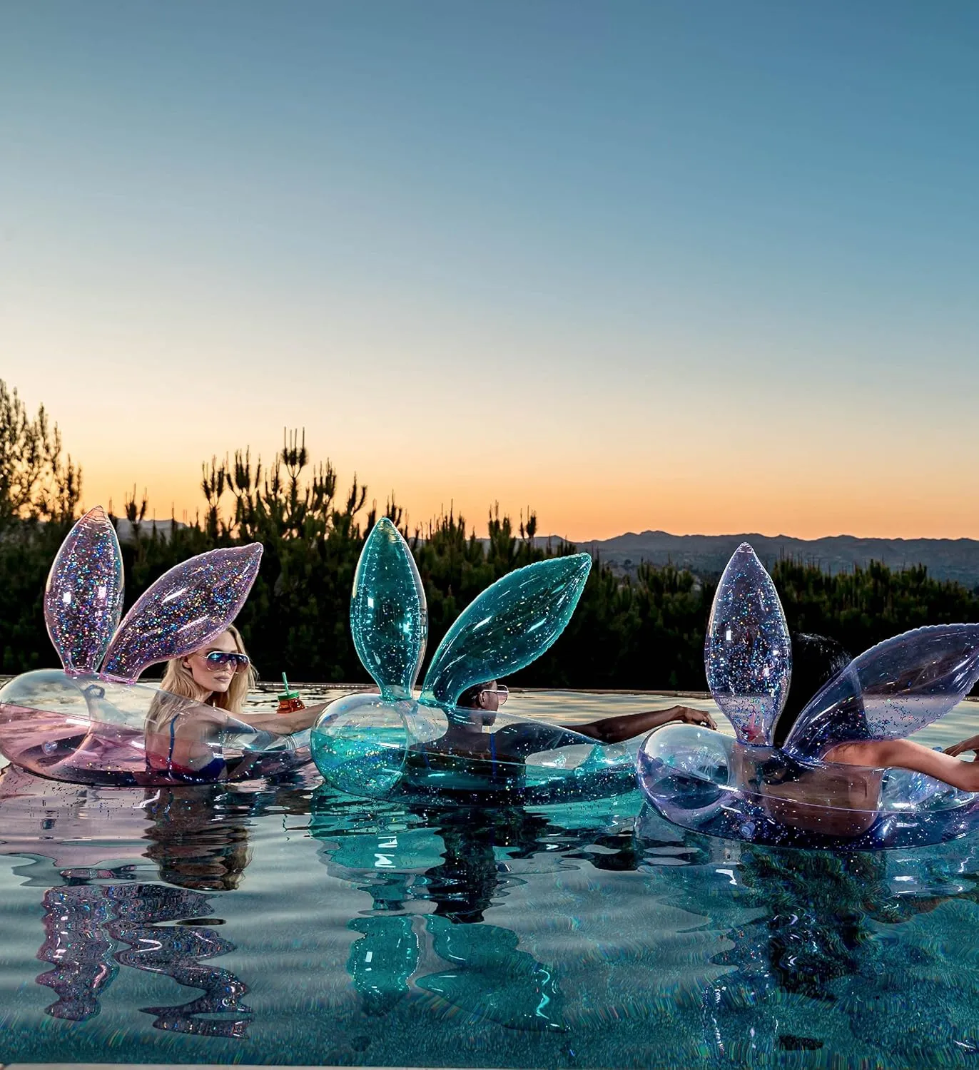POZA Inflatable Bunny Pool Float Chair - Sparkle Confetti Lounge Inflatable Pool Floats, 2 Built in Cup Holders and Handles, Bunny Ears Inflatable Pool Lounger Floating Chair - 48x38 Inch