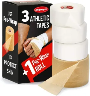 Premium White Athletic Tape for Injuries - 3 Pack with Pre-wrap - Easy Tear & No Sticky Residue - Sports Zinc Oxide Tape - Ankle, Wrist, Fingers - Ideal for Soccer, Gymnastics, Boxing
