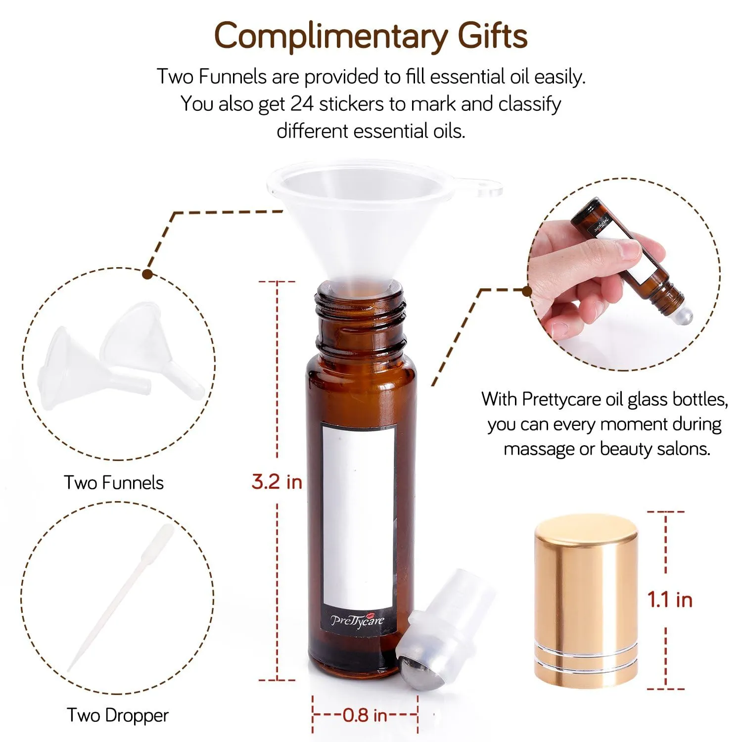 PrettyCare 24 Pack, 10 ml Essential Oil Roller Bottles with Stainless Steel Roller Ball - Refillable Leak-proof Empty Thick Amber Glass Roll on Bottles with Metal Caps for Travel, Perfume