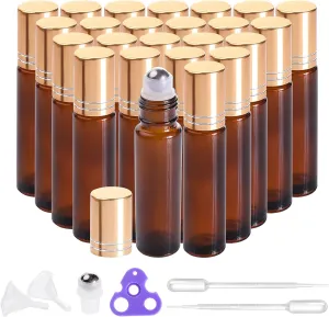 PrettyCare 24 Pack, 10 ml Essential Oil Roller Bottles with Stainless Steel Roller Ball - Refillable Leak-proof Empty Thick Amber Glass Roll on Bottles with Metal Caps for Travel, Perfume