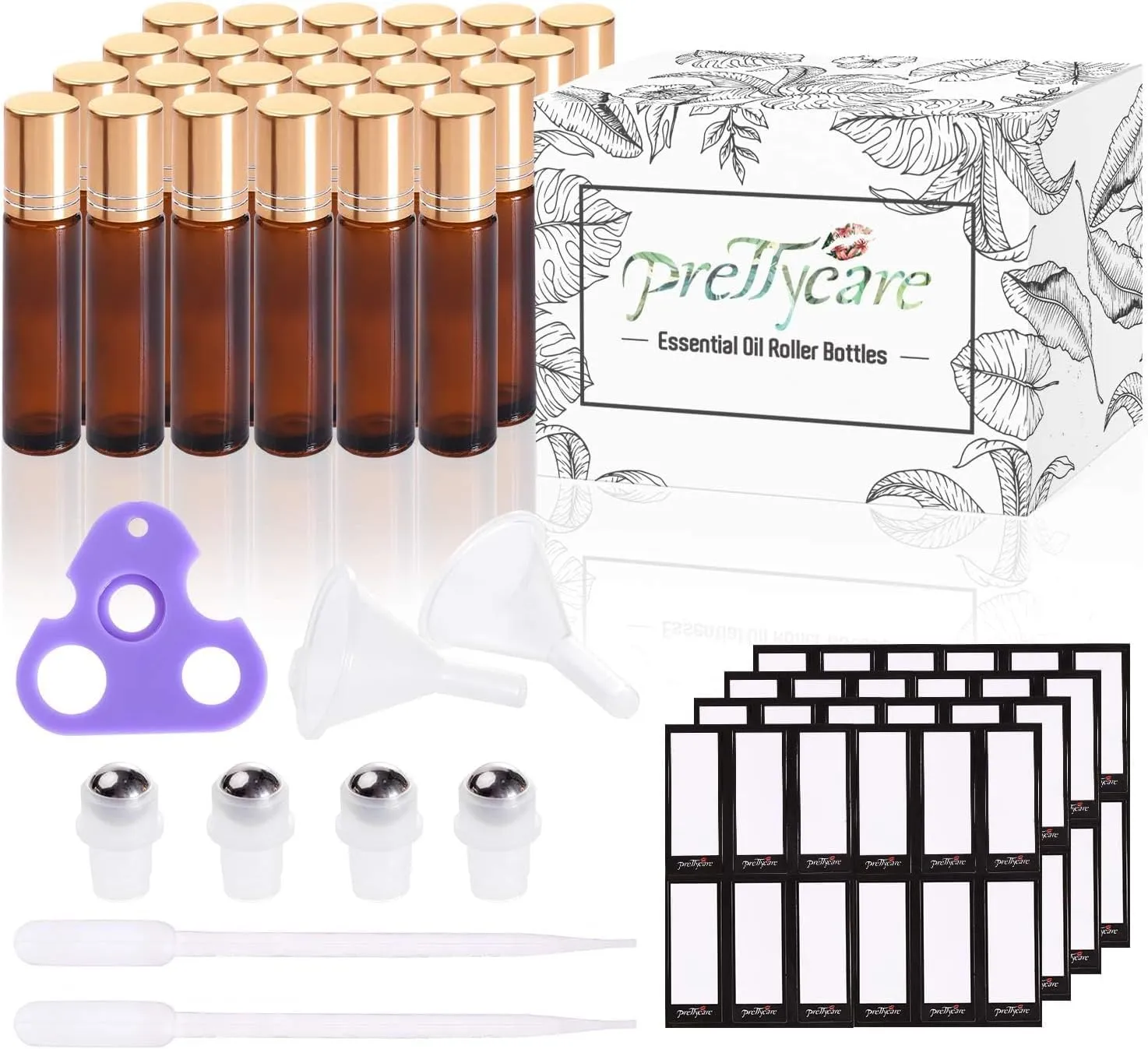PrettyCare 24 Pack, 10 ml Essential Oil Roller Bottles with Stainless Steel Roller Ball - Refillable Leak-proof Empty Thick Amber Glass Roll on Bottles with Metal Caps for Travel, Perfume