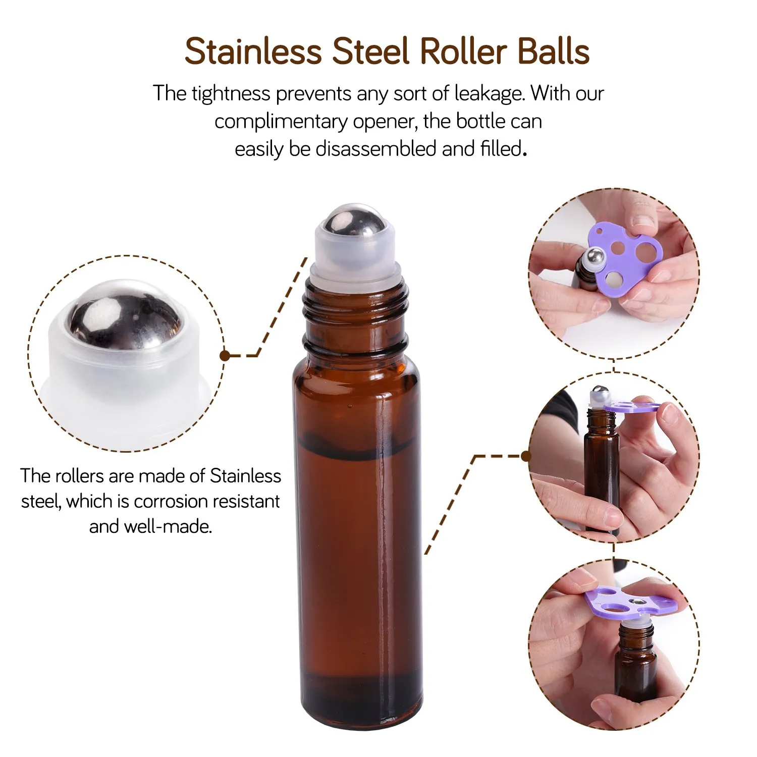 PrettyCare 24 Pack, 10 ml Essential Oil Roller Bottles with Stainless Steel Roller Ball - Refillable Leak-proof Empty Thick Amber Glass Roll on Bottles with Metal Caps for Travel, Perfume