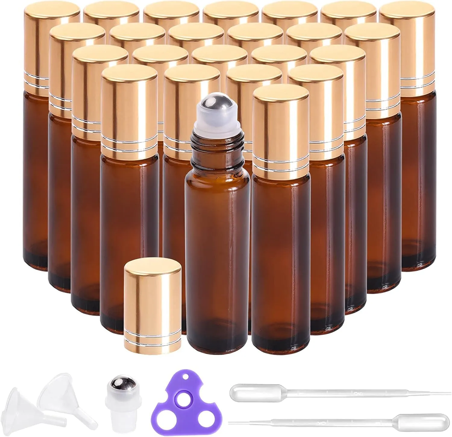 PrettyCare 24 Pack, 10 ml Essential Oil Roller Bottles with Stainless Steel Roller Ball - Refillable Leak-proof Empty Thick Amber Glass Roll on Bottles with Metal Caps for Travel, Perfume