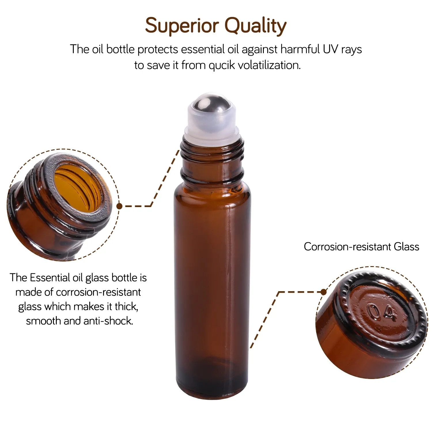 PrettyCare 24 Pack, 10 ml Essential Oil Roller Bottles with Stainless Steel Roller Ball - Refillable Leak-proof Empty Thick Amber Glass Roll on Bottles with Metal Caps for Travel, Perfume