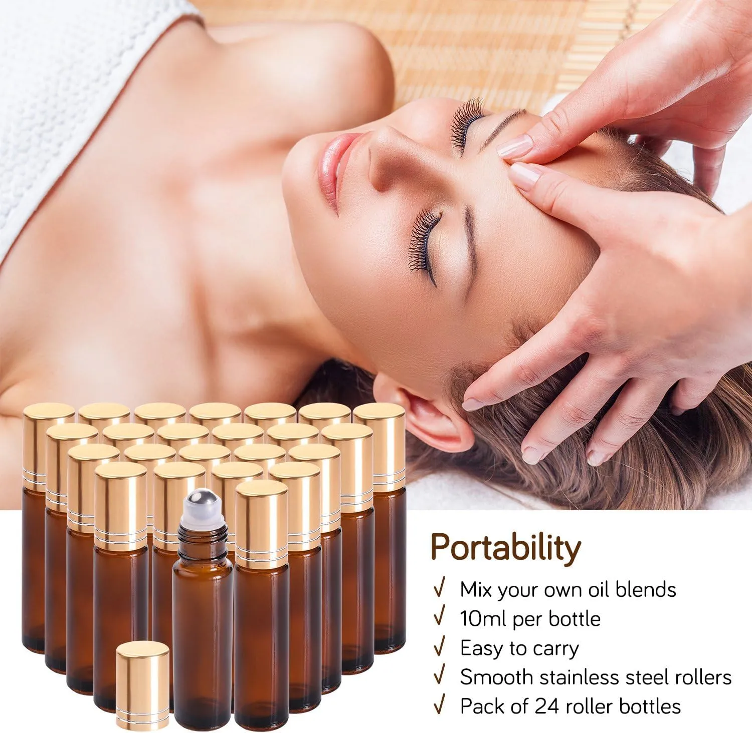 PrettyCare 24 Pack, 10 ml Essential Oil Roller Bottles with Stainless Steel Roller Ball - Refillable Leak-proof Empty Thick Amber Glass Roll on Bottles with Metal Caps for Travel, Perfume