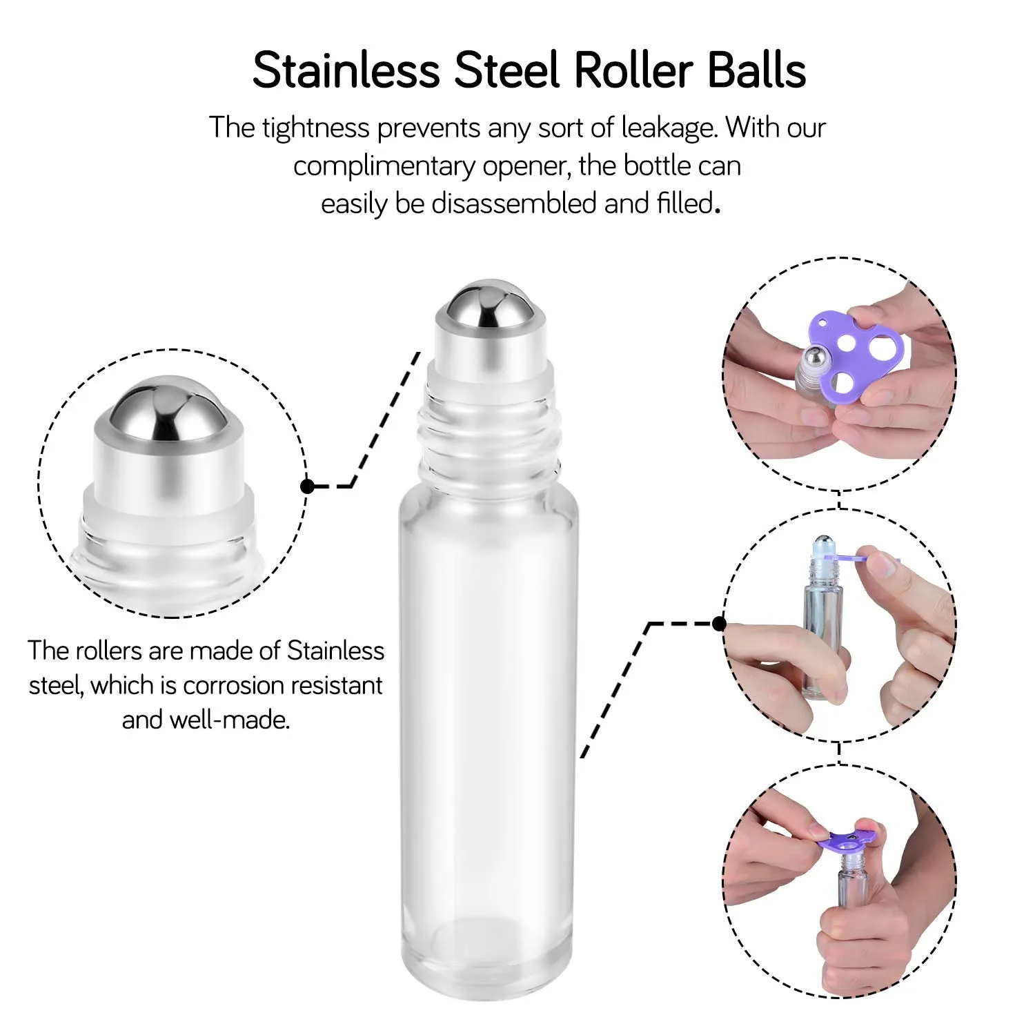 PrettyCare 60 Pack, 10 ml Essential Oil Roller Bottles with Stainless Steel Roller Ball - Bulk Refillable Leak-proof Empty Thick Clear Glass Roll on Bottles with Metal Caps for Travel, Perfume