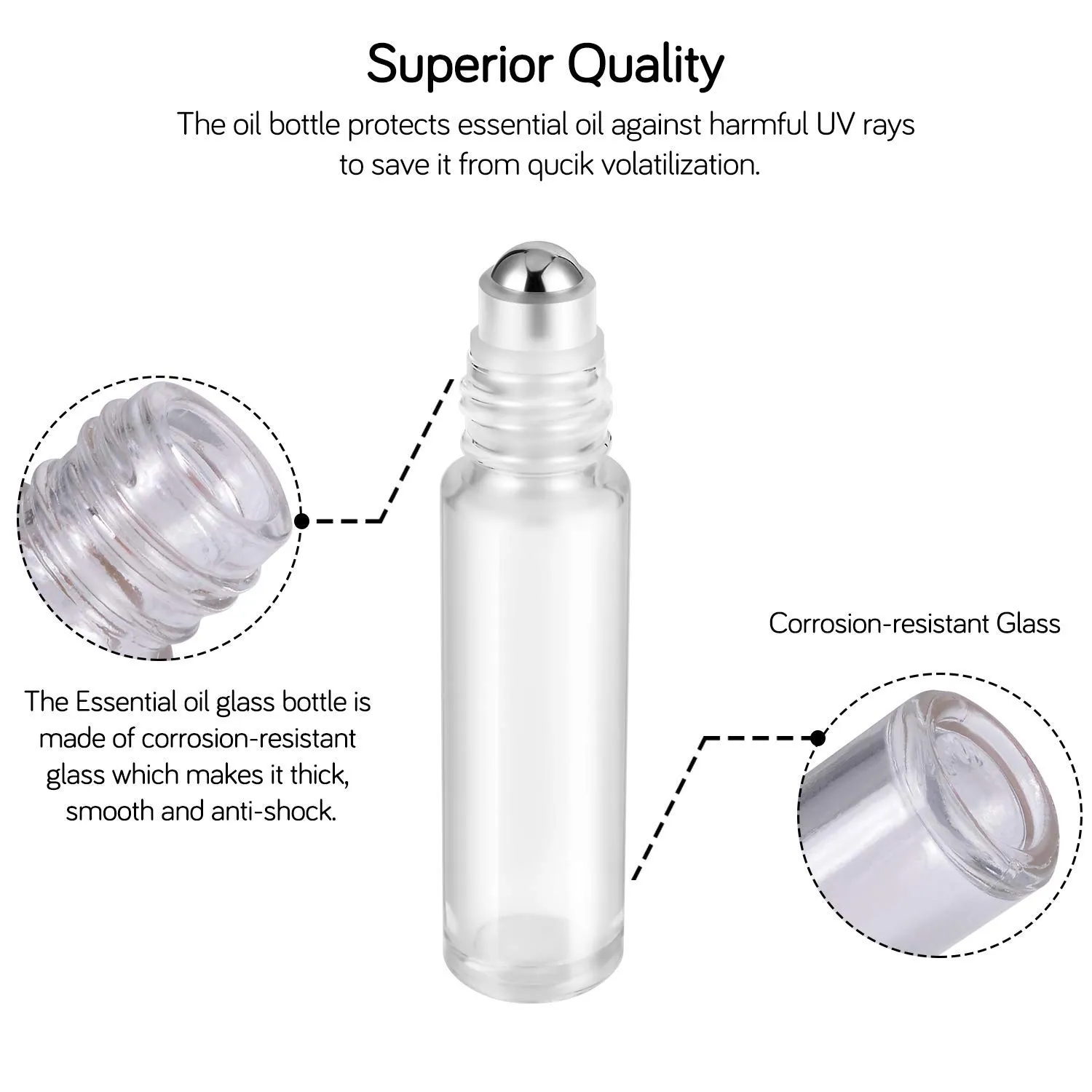 PrettyCare 60 Pack, 10 ml Essential Oil Roller Bottles with Stainless Steel Roller Ball - Bulk Refillable Leak-proof Empty Thick Clear Glass Roll on Bottles with Metal Caps for Travel, Perfume