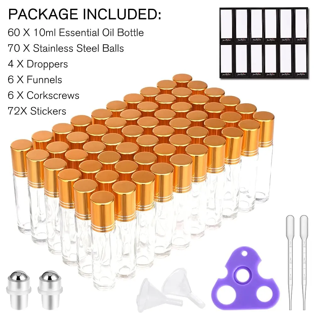PrettyCare 60 Pack, 10 ml Essential Oil Roller Bottles with Stainless Steel Roller Ball - Bulk Refillable Leak-proof Empty Thick Clear Glass Roll on Bottles with Metal Caps for Travel, Perfume