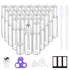 PrettyCare Set of 24, 10 ml Essential Oil Roller Bottles with Stainless Steel Roller Ball - Refillable Leak-proof Empty Thick Clear Glass Roll on Bottles with Silver Metal Caps for Travel, Perfume