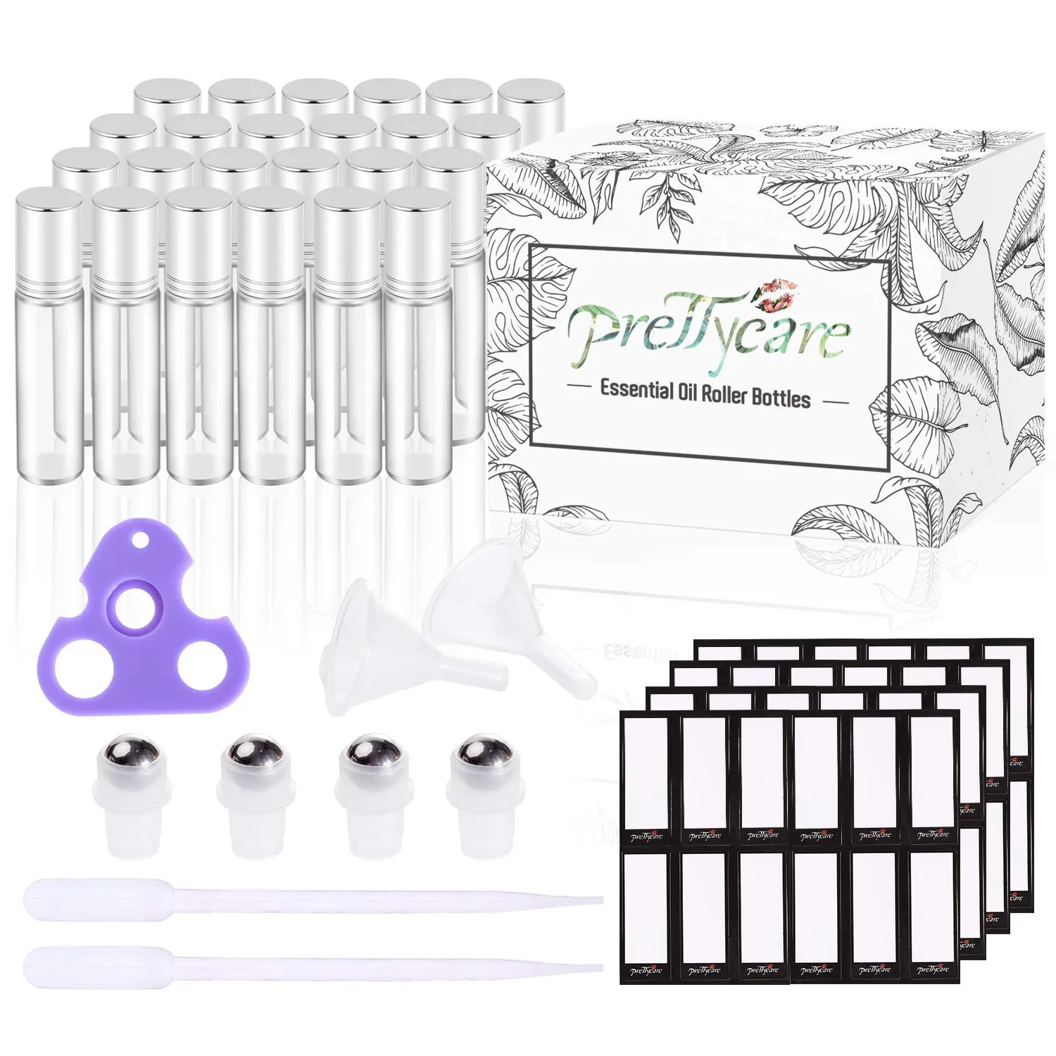 PrettyCare Set of 24, 10 ml Essential Oil Roller Bottles with Stainless Steel Roller Ball - Refillable Leak-proof Empty Thick Clear Glass Roll on Bottles with Silver Metal Caps for Travel, Perfume