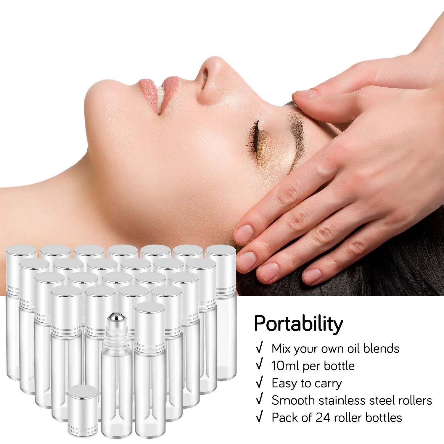 PrettyCare Set of 24, 10 ml Essential Oil Roller Bottles with Stainless Steel Roller Ball - Refillable Leak-proof Empty Thick Clear Glass Roll on Bottles with Silver Metal Caps for Travel, Perfume