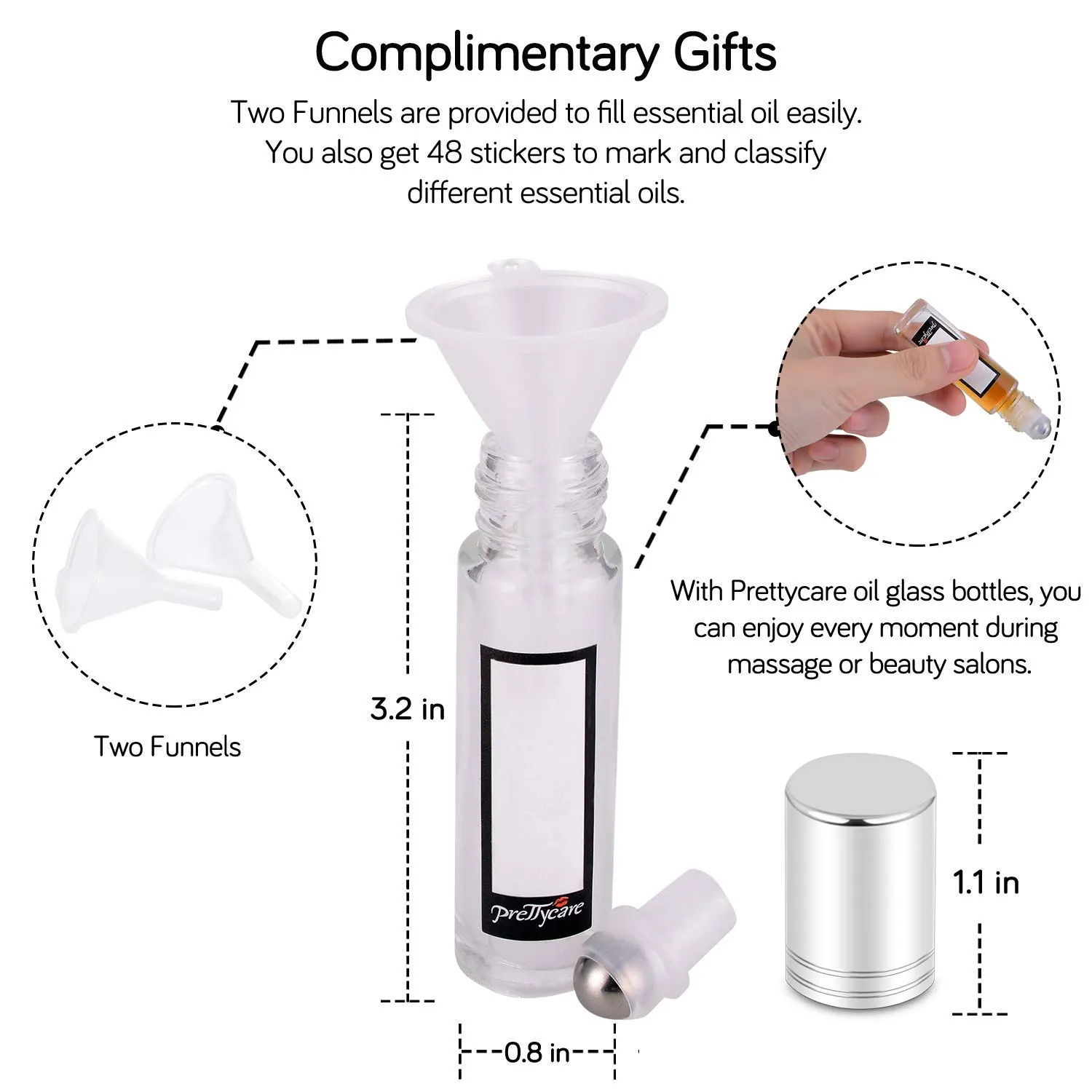 PrettyCare Set of 24, 10 ml Essential Oil Roller Bottles with Stainless Steel Roller Ball - Refillable Leak-proof Empty Thick Clear Glass Roll on Bottles with Silver Metal Caps for Travel, Perfume