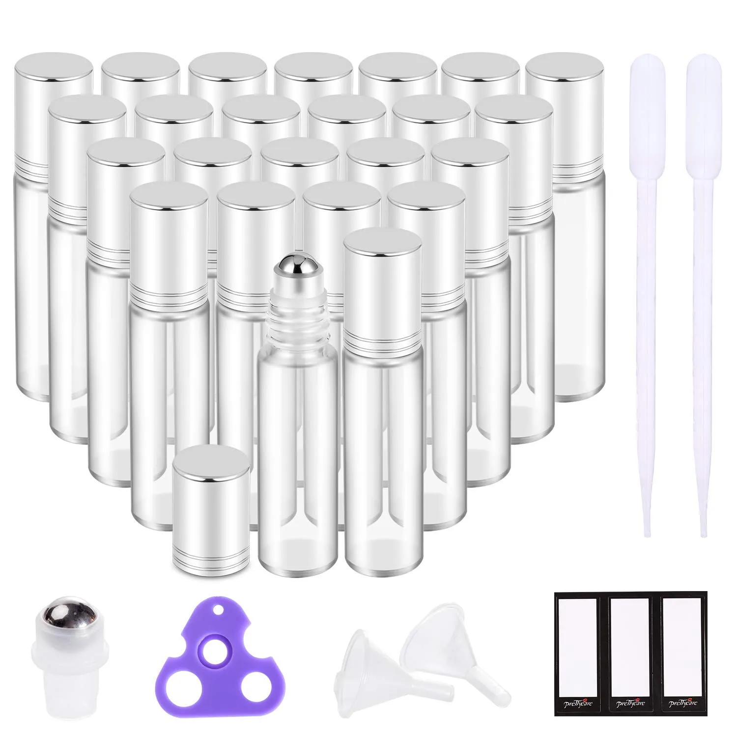 PrettyCare Set of 24, 10 ml Essential Oil Roller Bottles with Stainless Steel Roller Ball - Refillable Leak-proof Empty Thick Clear Glass Roll on Bottles with Silver Metal Caps for Travel, Perfume