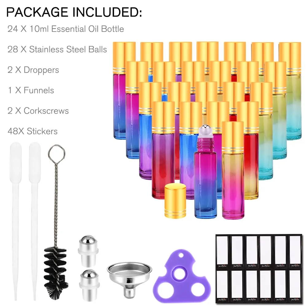 PrettyCare Set of 24, 10 ml Essential Oil Roller Bottles with Stainless Steel Roller Ball - Refillable Leak-proof Empty Thick Rainbow Glass Roll on Bottles with Metal Caps for Travel, Perfume