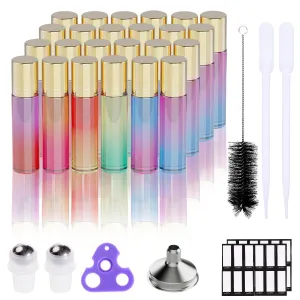 PrettyCare Set of 24, 10 ml Essential Oil Roller Bottles with Stainless Steel Roller Ball - Refillable Leak-proof Empty Thick Rainbow Glass Roll on Bottles with Metal Caps for Travel, Perfume