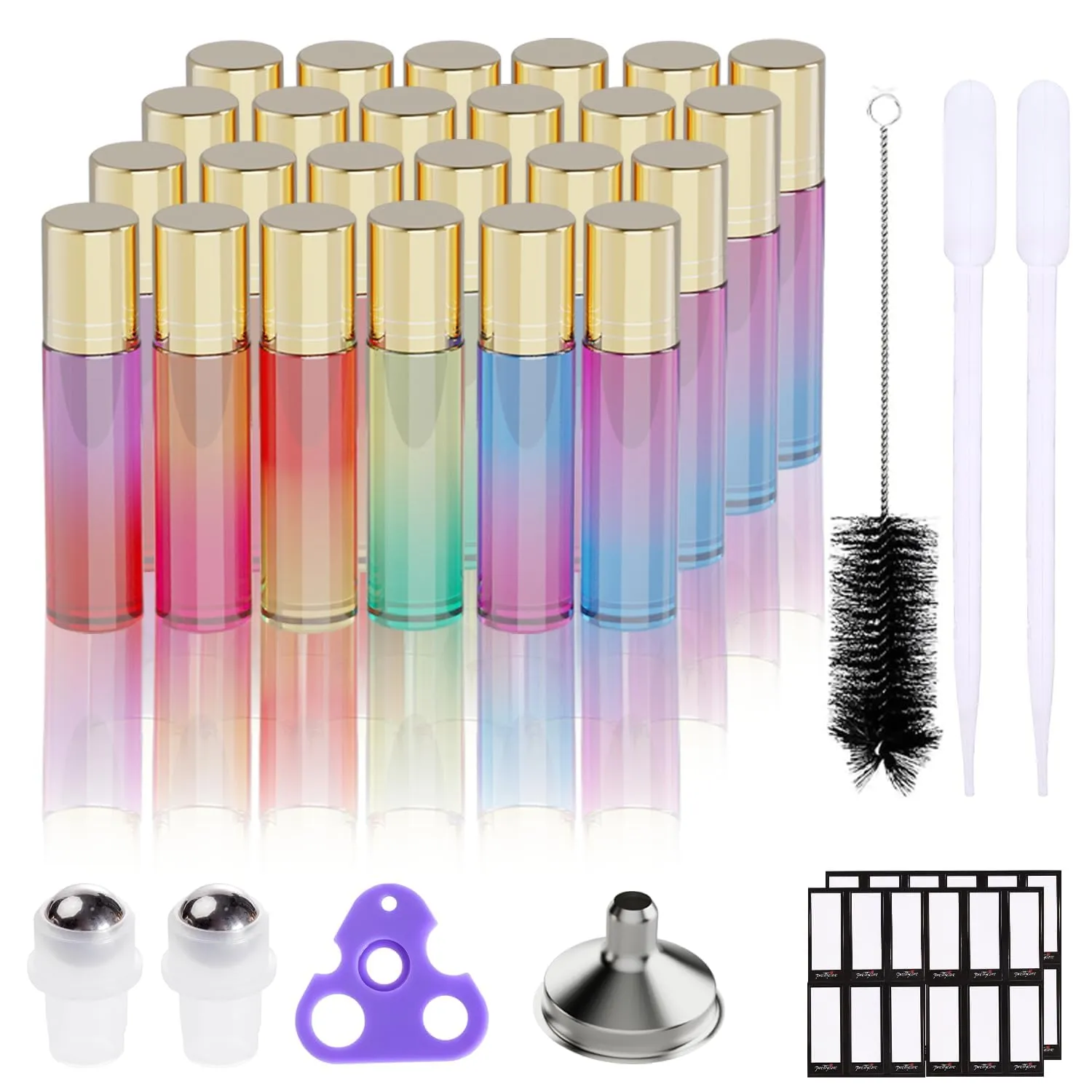 PrettyCare Set of 24, 10 ml Essential Oil Roller Bottles with Stainless Steel Roller Ball - Refillable Leak-proof Empty Thick Rainbow Glass Roll on Bottles with Metal Caps for Travel, Perfume