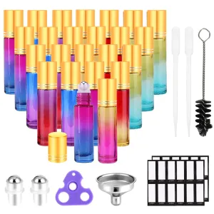 PrettyCare Set of 24, 10 ml Essential Oil Roller Bottles with Stainless Steel Roller Ball - Refillable Leak-proof Empty Thick Rainbow Glass Roll on Bottles with Metal Caps for Travel, Perfume