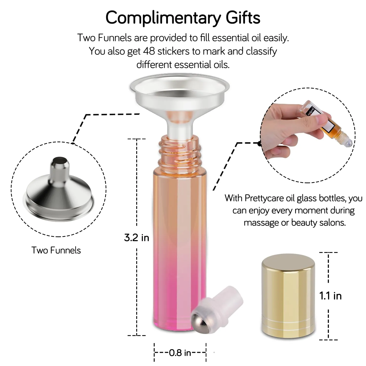PrettyCare Set of 24, 10 ml Essential Oil Roller Bottles with Stainless Steel Roller Ball - Refillable Leak-proof Empty Thick Rainbow Glass Roll on Bottles with Metal Caps for Travel, Perfume