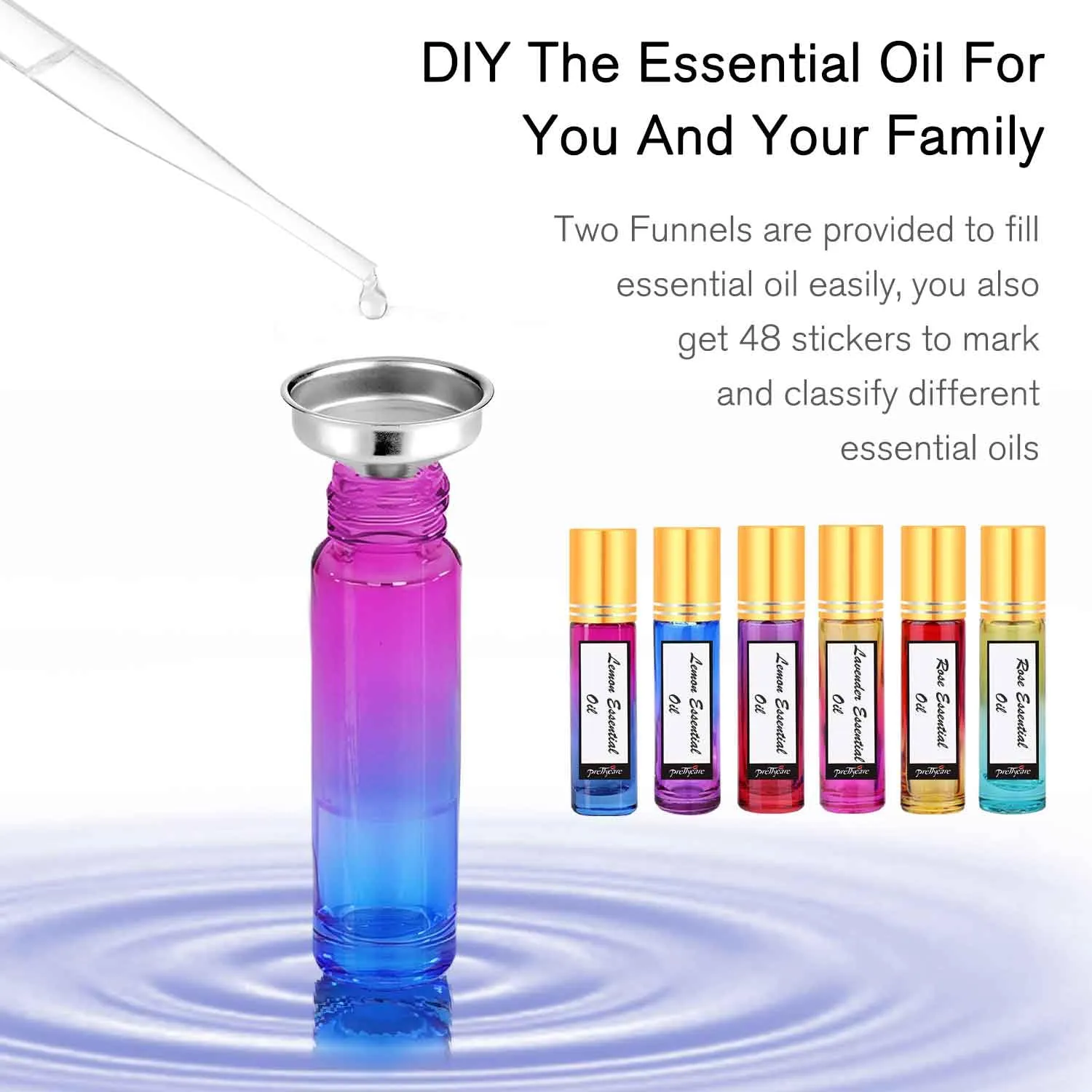 PrettyCare Set of 24, 10 ml Essential Oil Roller Bottles with Stainless Steel Roller Ball - Refillable Leak-proof Empty Thick Rainbow Glass Roll on Bottles with Metal Caps for Travel, Perfume