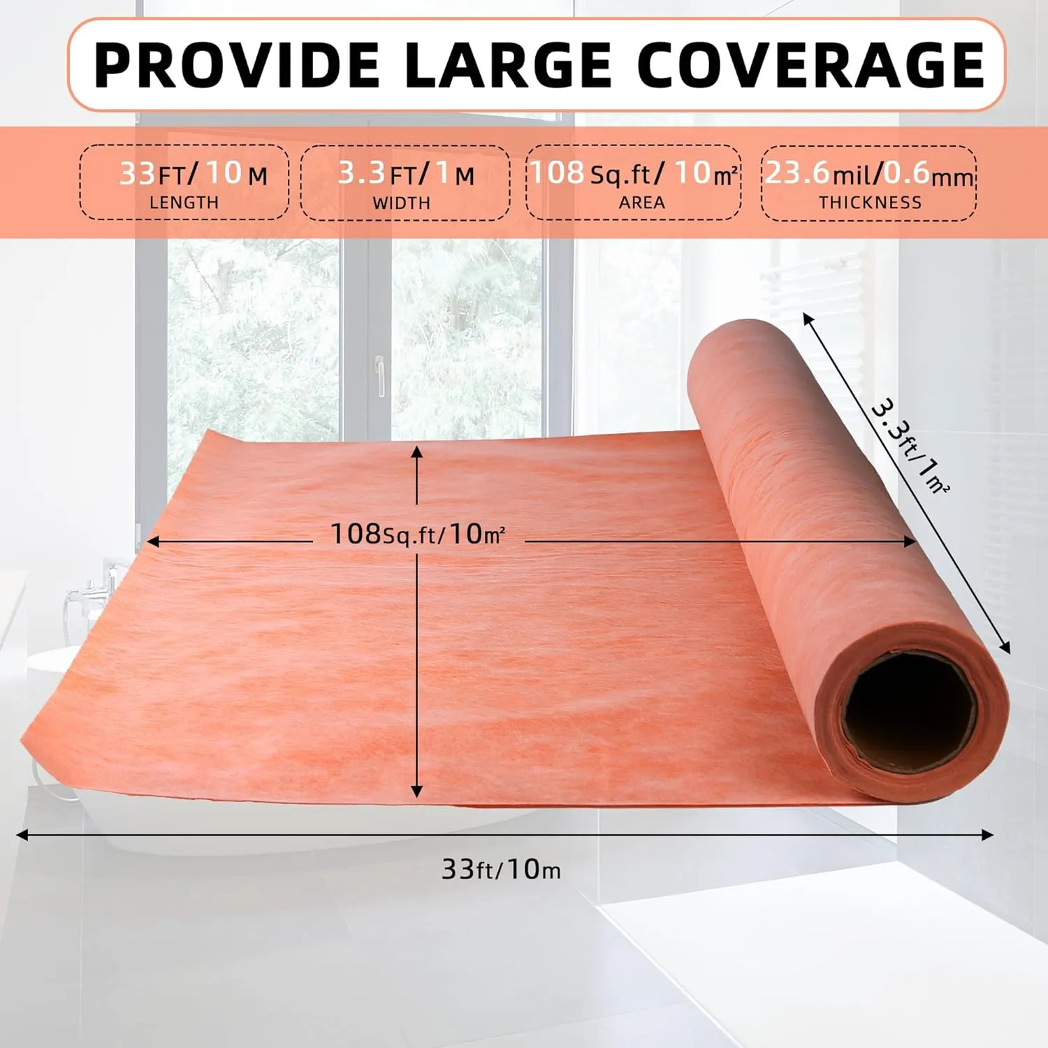 Professional Waterproof Membrane for Shower,- 3.3 FT x 33 FT Roll (108 Sq Ft), 23.6 Mil Thick, Superior Waterproofing Solution for Bathroom, Kitchen,Saunas and Wet Areas