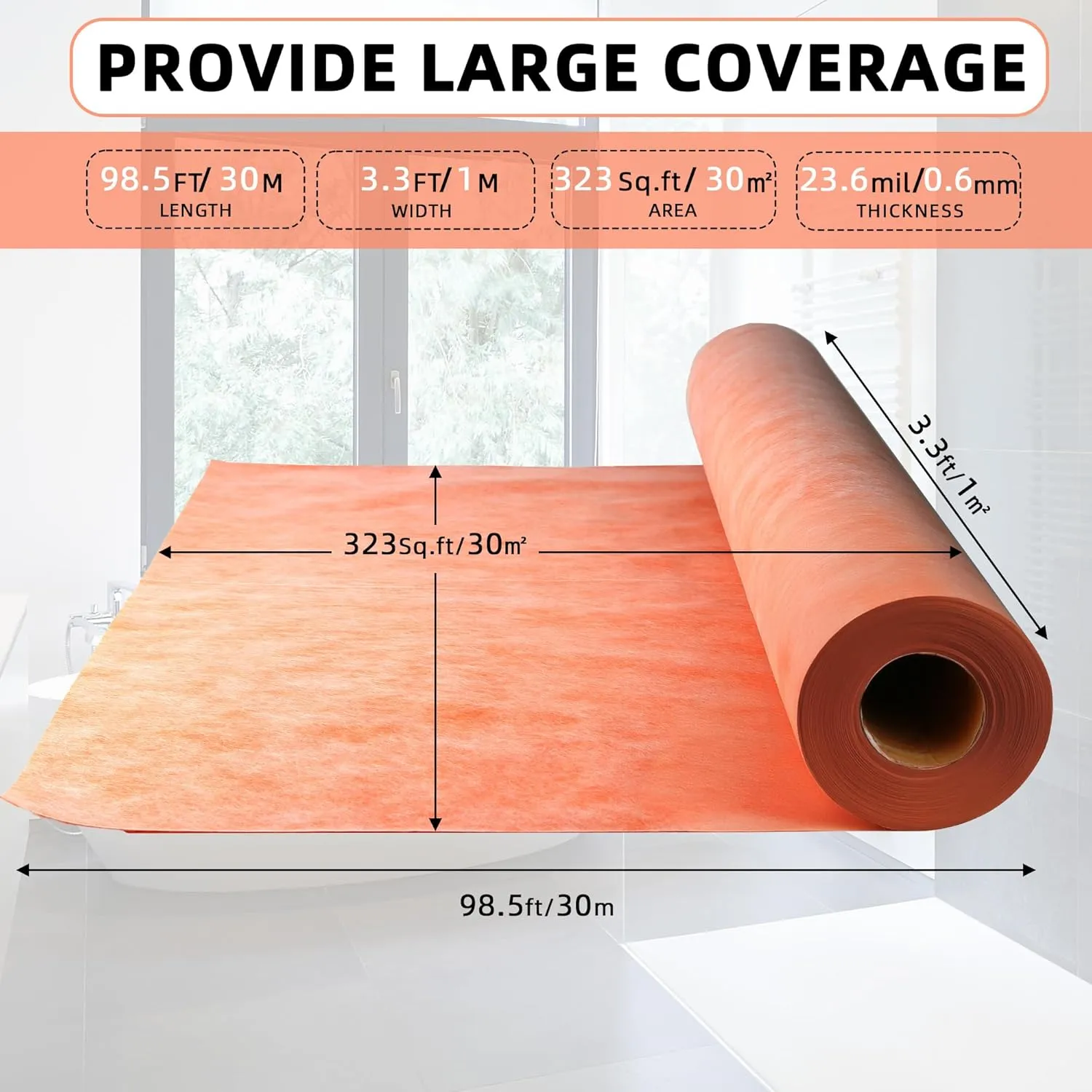 Professional Waterproof Membrane for Shower,- 3.3 FT x 98.5 FT Roll (323 Sq Ft), 23.6 Mil Thick, Superior Waterproofing Solution for Bathroom, Kitchen,Saunas and Wet Areas