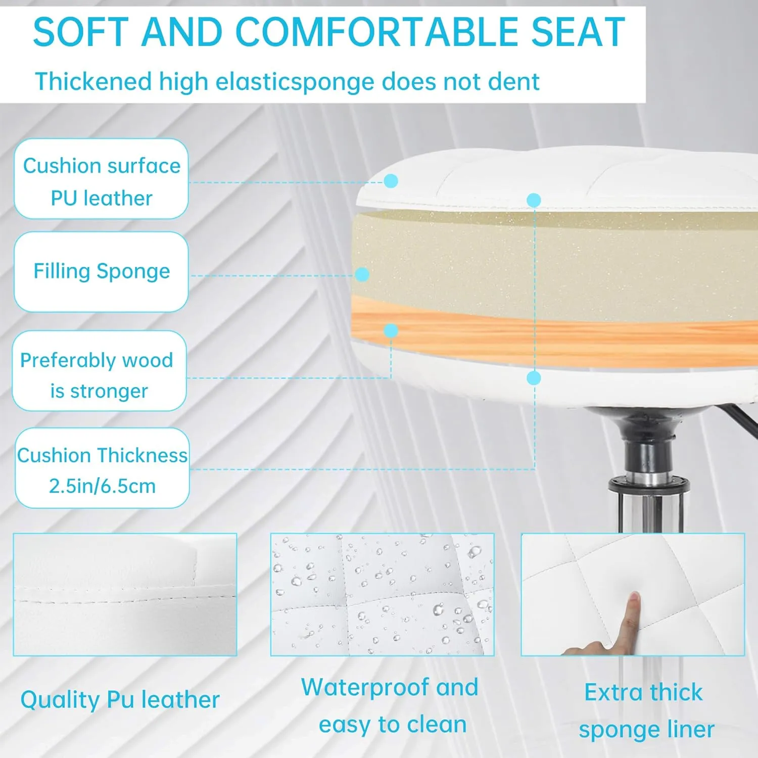 PU Leahter Rolling Stool Height Adjustable Round Swivel Stools for Spa Salon Massage Work Chair with Foot Rest White