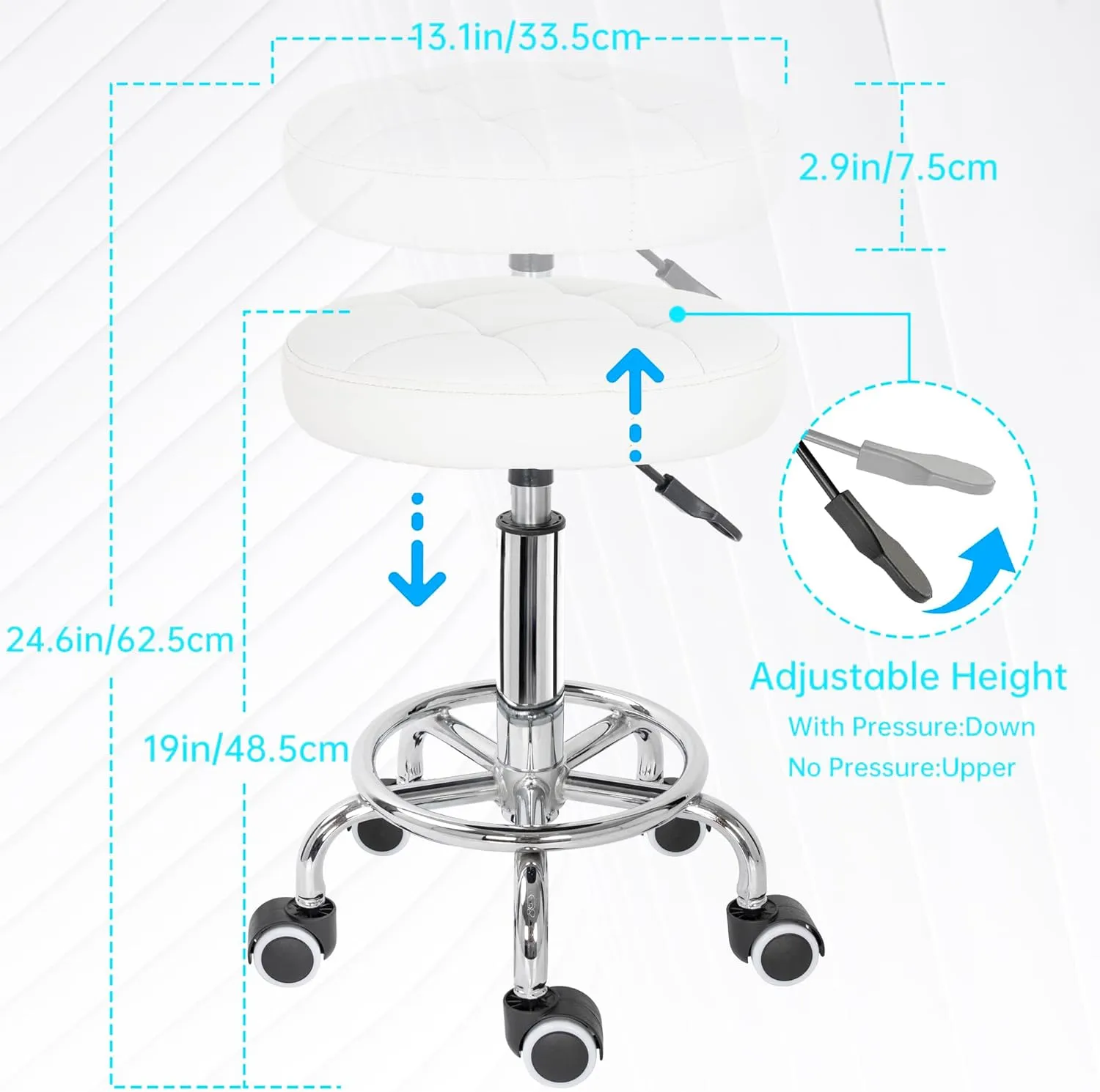 PU Leahter Rolling Stool Height Adjustable Round Swivel Stools for Spa Salon Massage Work Chair with Foot Rest White