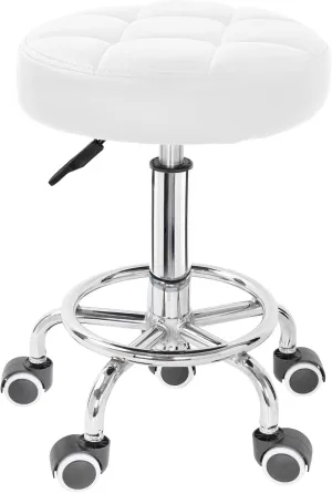 PU Leahter Rolling Stool Height Adjustable Round Swivel Stools for Spa Salon Massage Work Chair with Foot Rest White