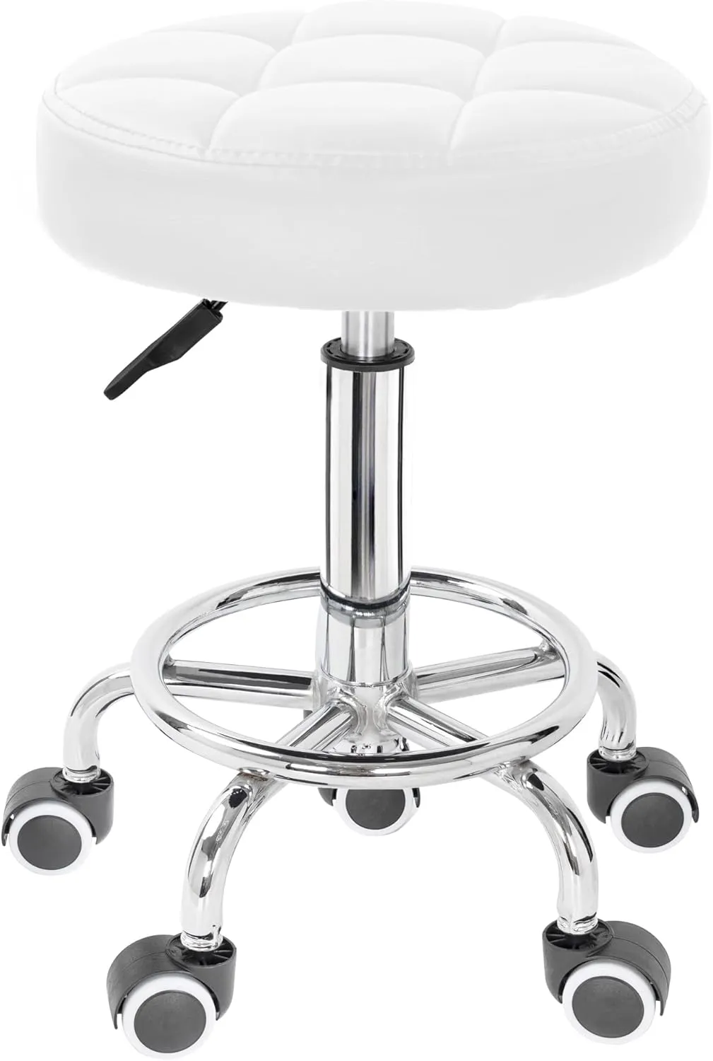 PU Leahter Rolling Stool Height Adjustable Round Swivel Stools for Spa Salon Massage Work Chair with Foot Rest White