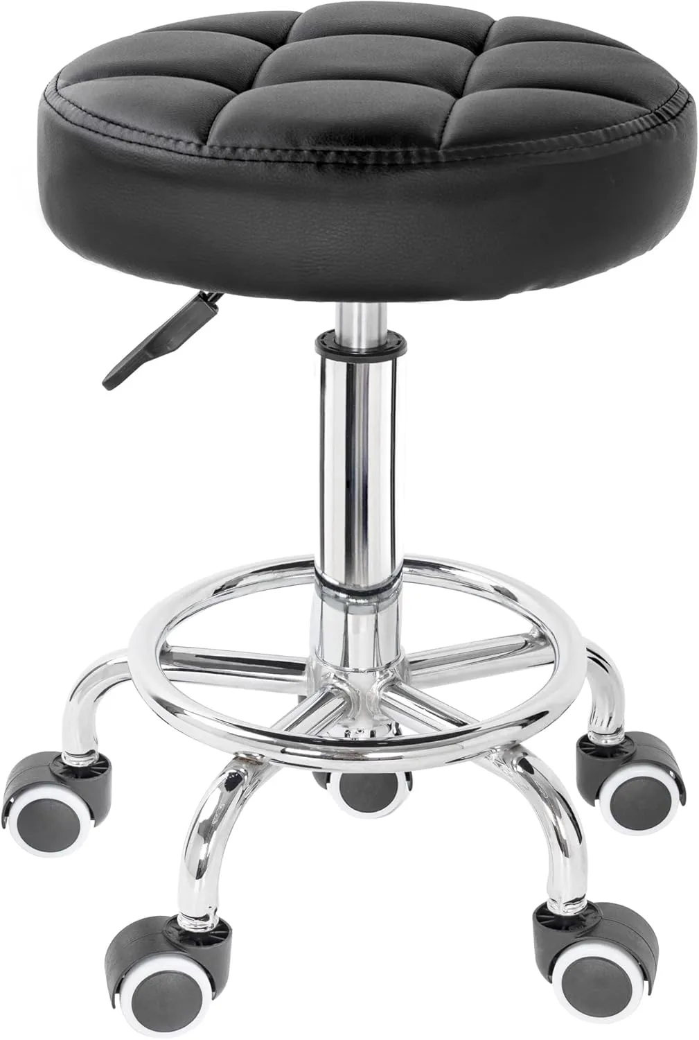 PU Leather Rolling Stool Height Adjustable Round Swivel Stools for Spa Salon Massage Work Chair with Foot Rest Black