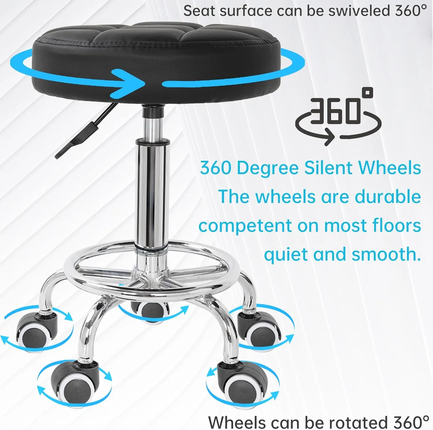 PU Leather Rolling Stool Height Adjustable Round Swivel Stools for Spa Salon Massage Work Chair with Foot Rest Black
