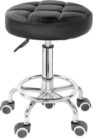 PU Leather Rolling Stool Height Adjustable Round Swivel Stools for Spa Salon Massage Work Chair with Foot Rest Black