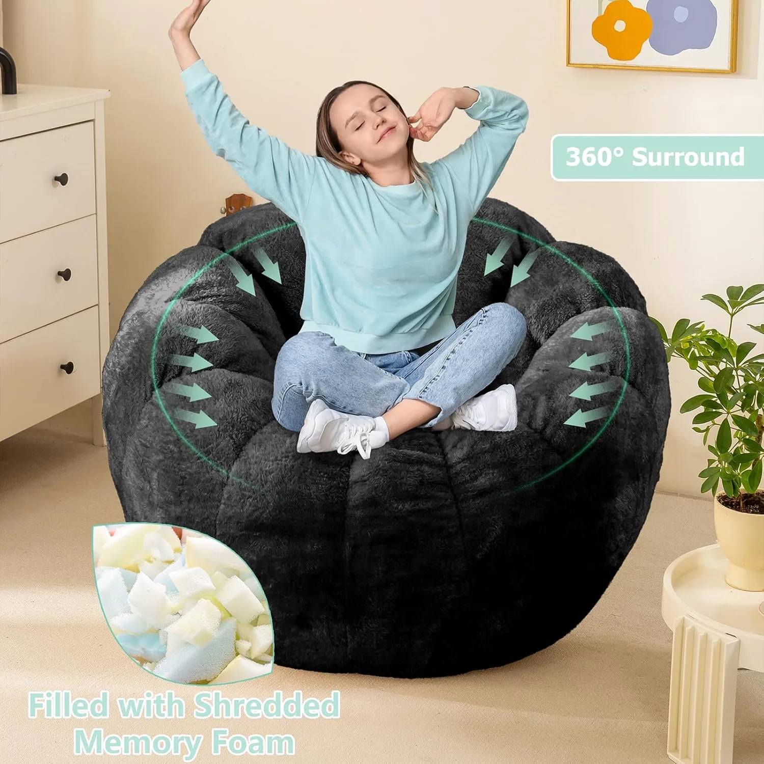 Pumpkin Bean Bag Sofa Chair for Adult, Beanbag Couch with Filler for Reading and Relaxation, Comfy and Lazy Sofa for Dorm, Apartment, Living Room and Bedroom, Black