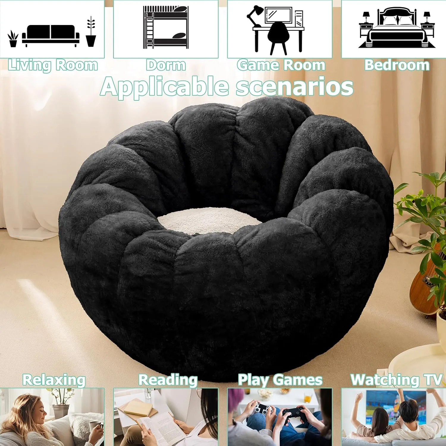 Pumpkin Bean Bag Sofa Chair for Adult, Beanbag Couch with Filler for Reading and Relaxation, Comfy and Lazy Sofa for Dorm, Apartment, Living Room and Bedroom, Black