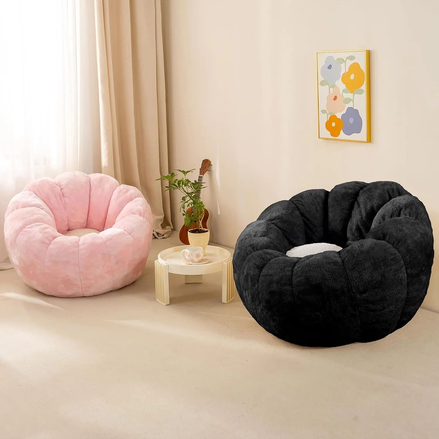 Pumpkin Bean Bag Sofa Chair for Adult, Beanbag Couch with Filler for Reading and Relaxation, Comfy and Lazy Sofa for Dorm, Apartment, Living Room and Bedroom, Black