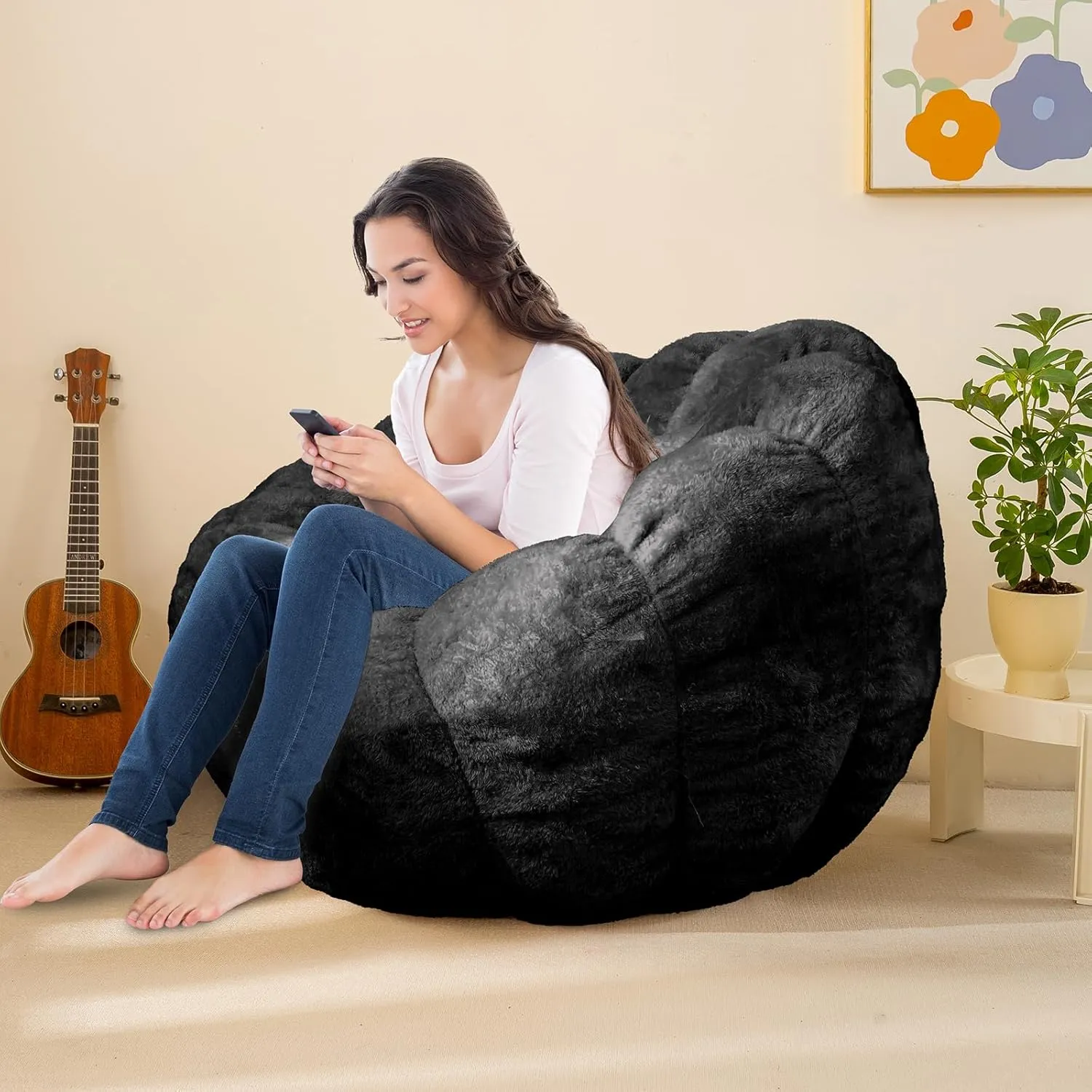 Pumpkin Bean Bag Sofa Chair for Adult, Beanbag Couch with Filler for Reading and Relaxation, Comfy and Lazy Sofa for Dorm, Apartment, Living Room and Bedroom, Black