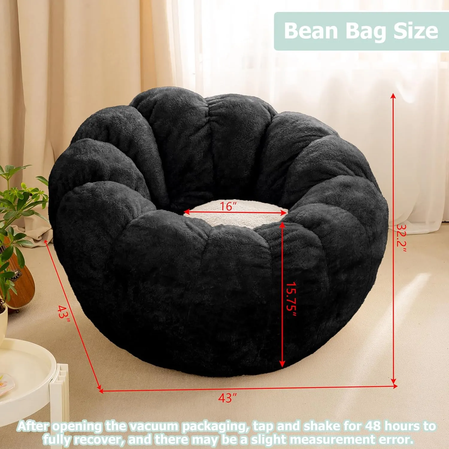 Pumpkin Bean Bag Sofa Chair for Adult, Beanbag Couch with Filler for Reading and Relaxation, Comfy and Lazy Sofa for Dorm, Apartment, Living Room and Bedroom, Black