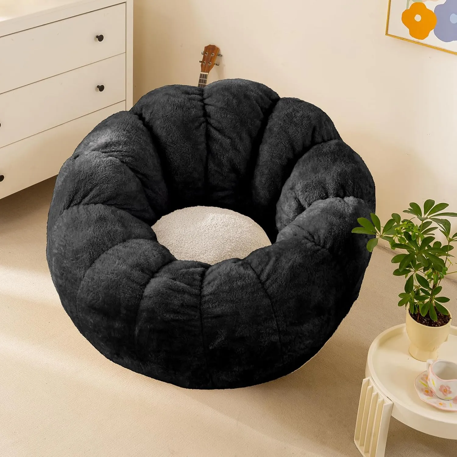 Pumpkin Bean Bag Sofa Chair for Adult, Beanbag Couch with Filler for Reading and Relaxation, Comfy and Lazy Sofa for Dorm, Apartment, Living Room and Bedroom, Black