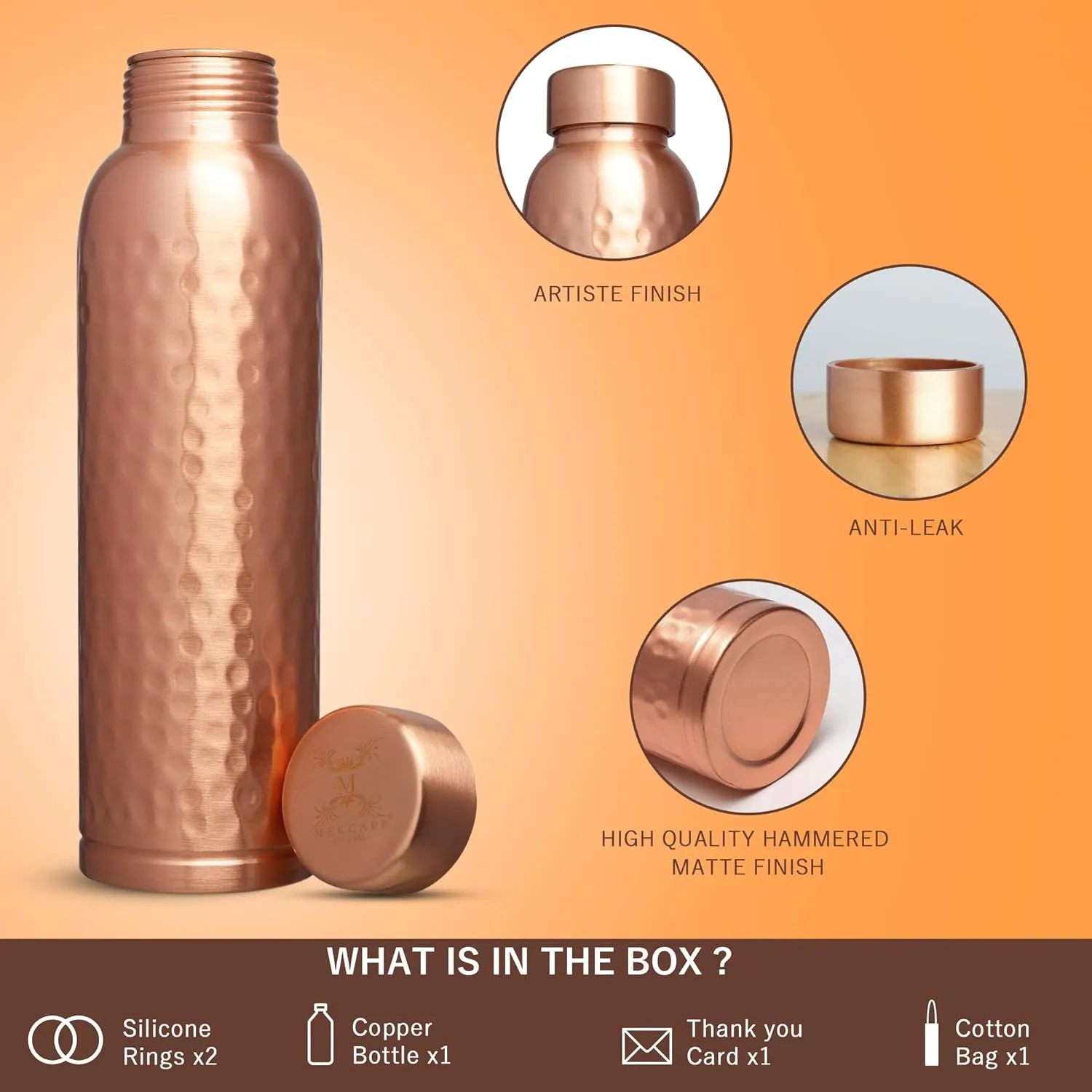 Pure Copper Water Bottle - 900 ML, Hammered Shine Finish, Ideal for Drinkware & Storage, Pack of 1 (Hammered Design 4)