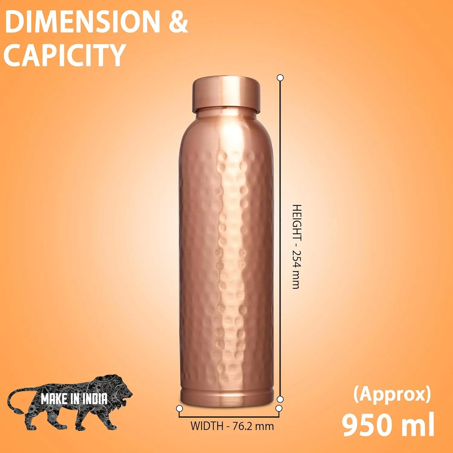 Pure Copper Water Bottle - 900 ML, Hammered Shine Finish, Ideal for Drinkware & Storage, Pack of 1 (Hammered Design 4)