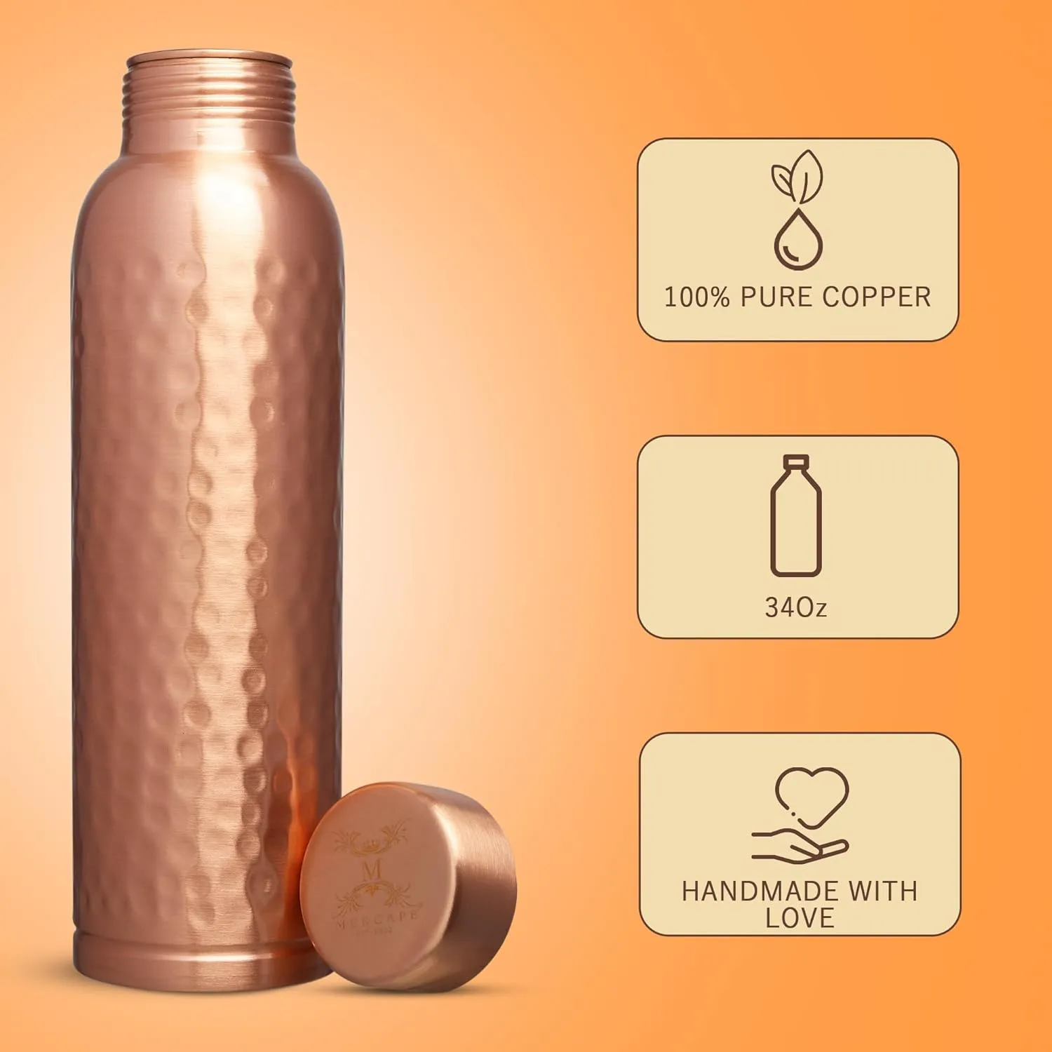Pure Copper Water Bottle - 900 ML, Hammered Shine Finish, Ideal for Drinkware & Storage, Pack of 1 (Hammered Design 4)