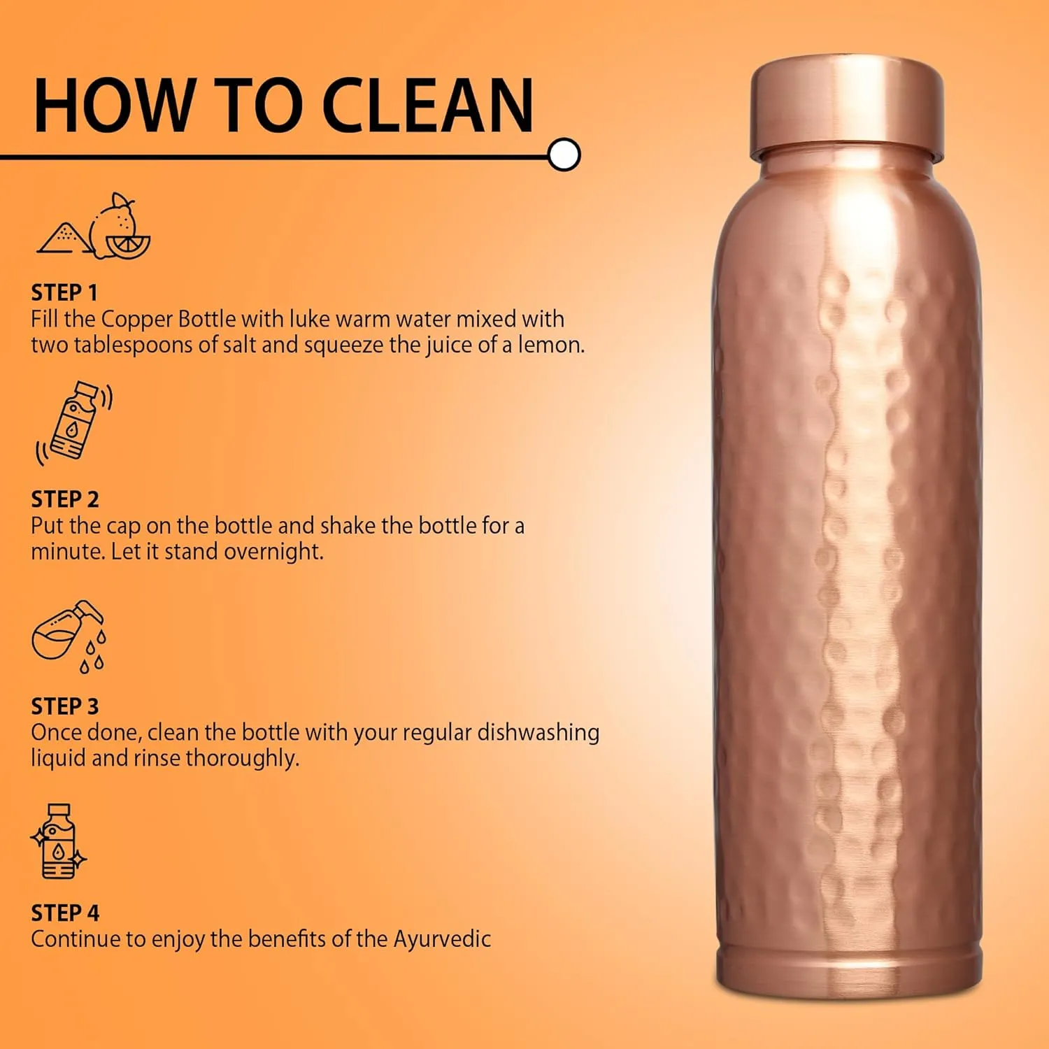 Pure Copper Water Bottle - 900 ML, Hammered Shine Finish, Ideal for Drinkware & Storage, Pack of 1 (Hammered Design 4)