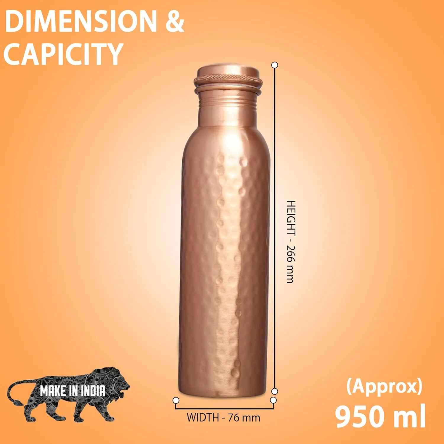 Pure Copper Water Bottle - 950 ML, Hammered Shine Finish, Ideal for Drinkware & Storage, Pack of 1 (Hammered Design 2)