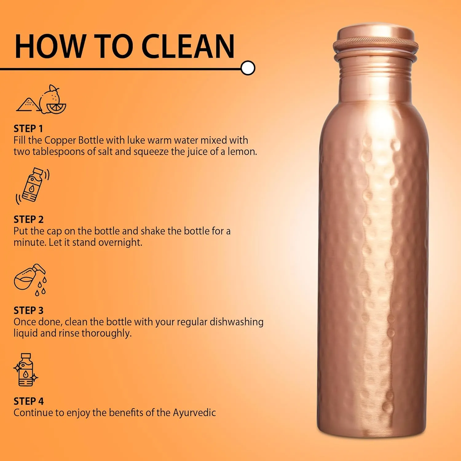 Pure Copper Water Bottle - 950 ML, Hammered Shine Finish, Ideal for Drinkware & Storage, Pack of 1 (Hammered Design 2)